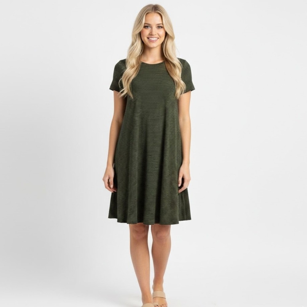 Old Navy Striped Swing Dress Womens Small Olive Green Black Mini Short Sleeve‎